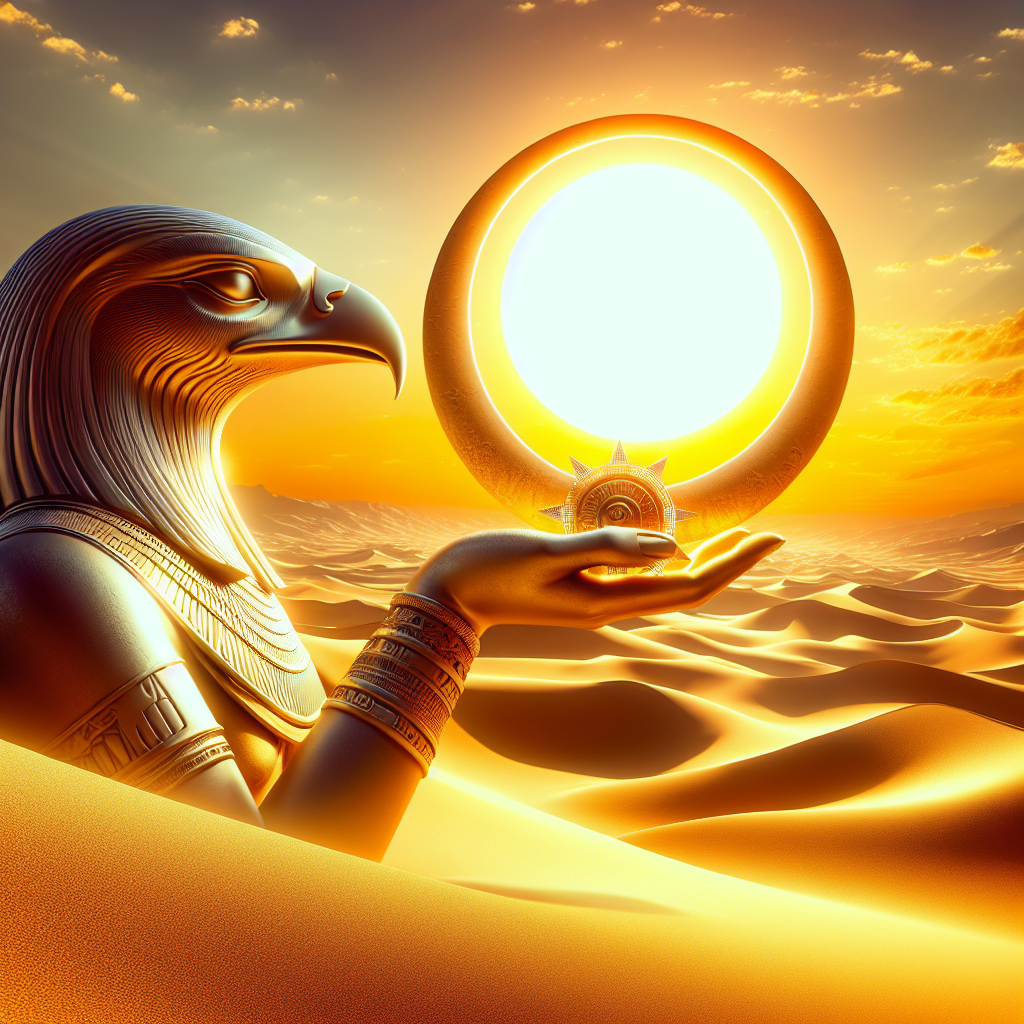 A depiction of Ra, the sun god of ancient Egypt, with a falcon head and a solar disk