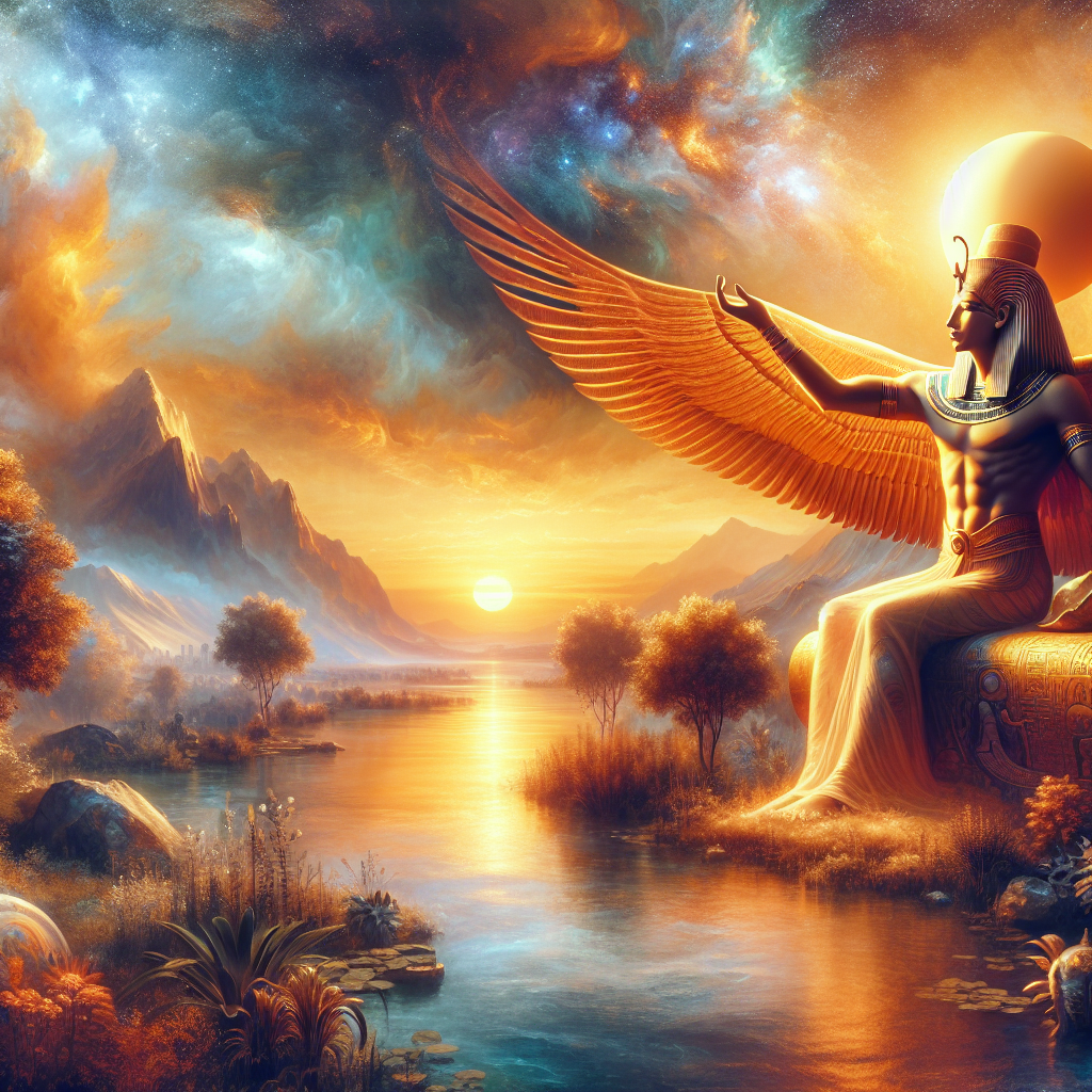 An artistic representation of Atum, the creator god, symbolizing the setting sun